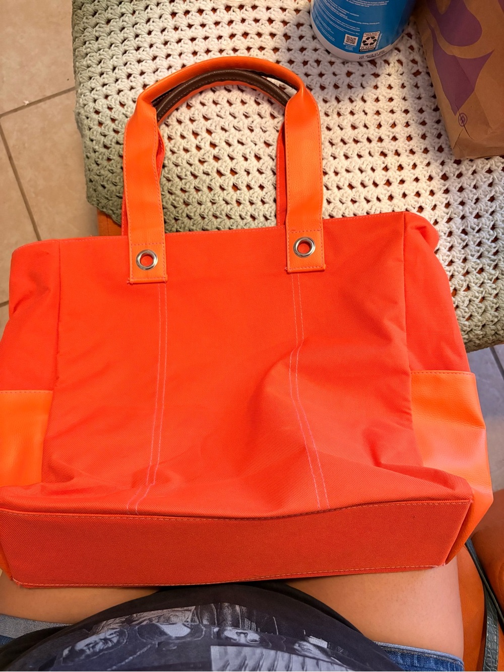 Lancome Bright Orange Canvas Tote with Grommet Detail